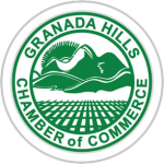 Logo for Granada Hills Chamber of Commerce, featuring mountains, a horse, and a landscape with fields.