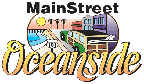 Illustration of MainStreet Oceanside, featuring a bridge, palm trees, a highway with cars, a train, and buildings.