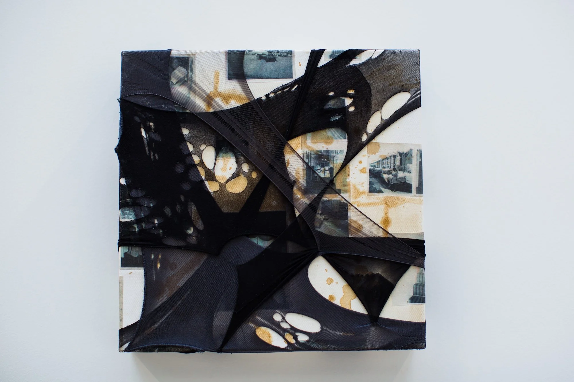 Teetering on the edge of visibility, the invisible disguised as visible IV, 2019, 30 x 30 x 7.5cm,  vintage family and erotica photographs on tea-stained recycled paper, used tights, cotton thread and tea-stained canvas