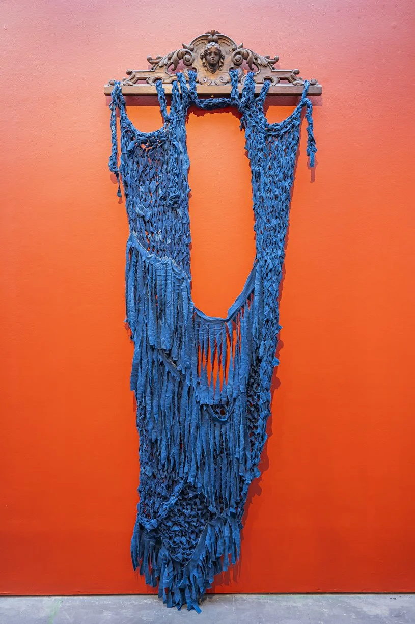 Ndox (Water) Altar I, 2023, 115 x 275cm, indigo dyed used cotton bedsheets, cotton thread and antique French  pediment