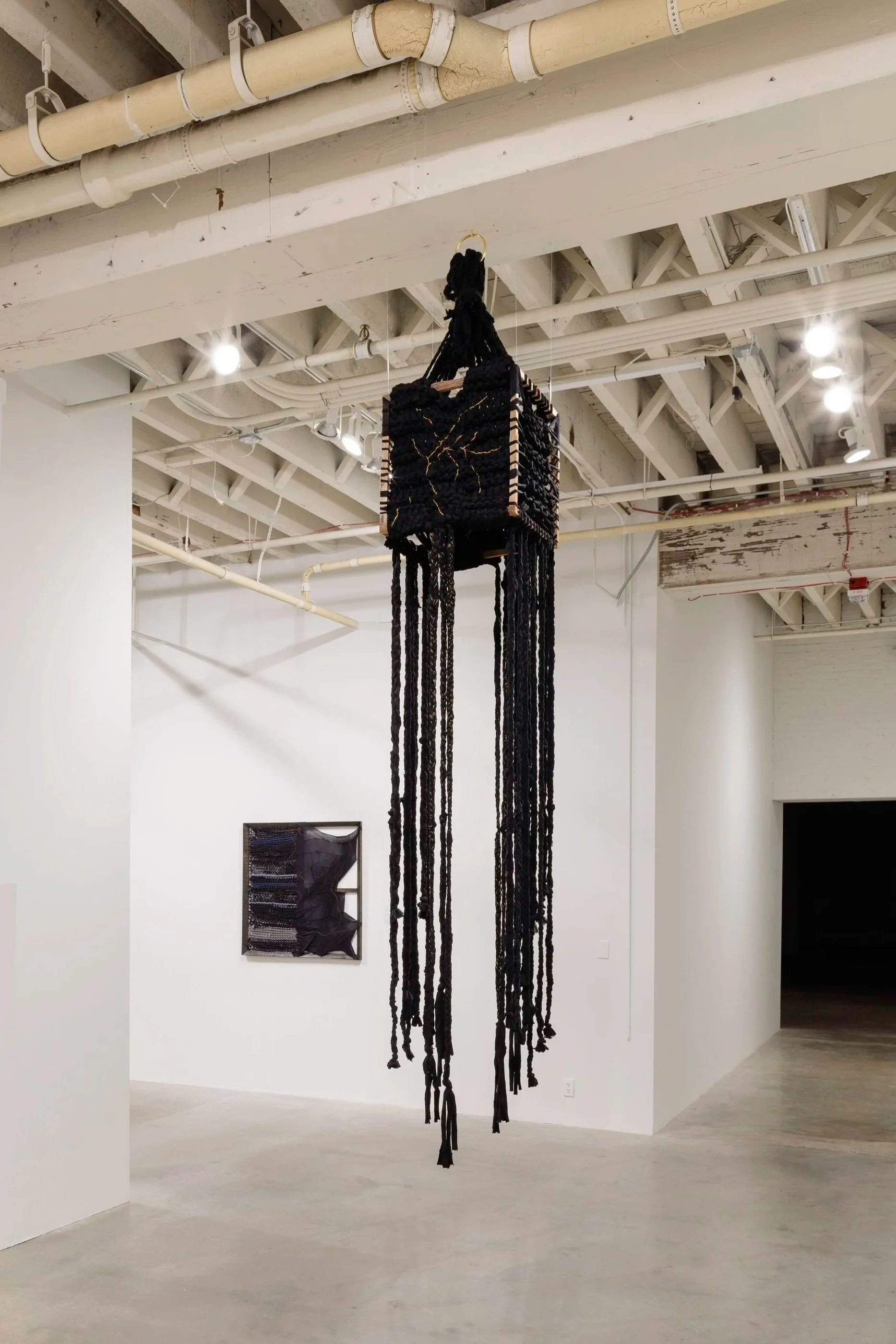 Rebirth - A Labyrinthian Chamber, 2023, used and repurposed tights, recycled PET thread, real antique gold thread and recycled cedar wood cube frame