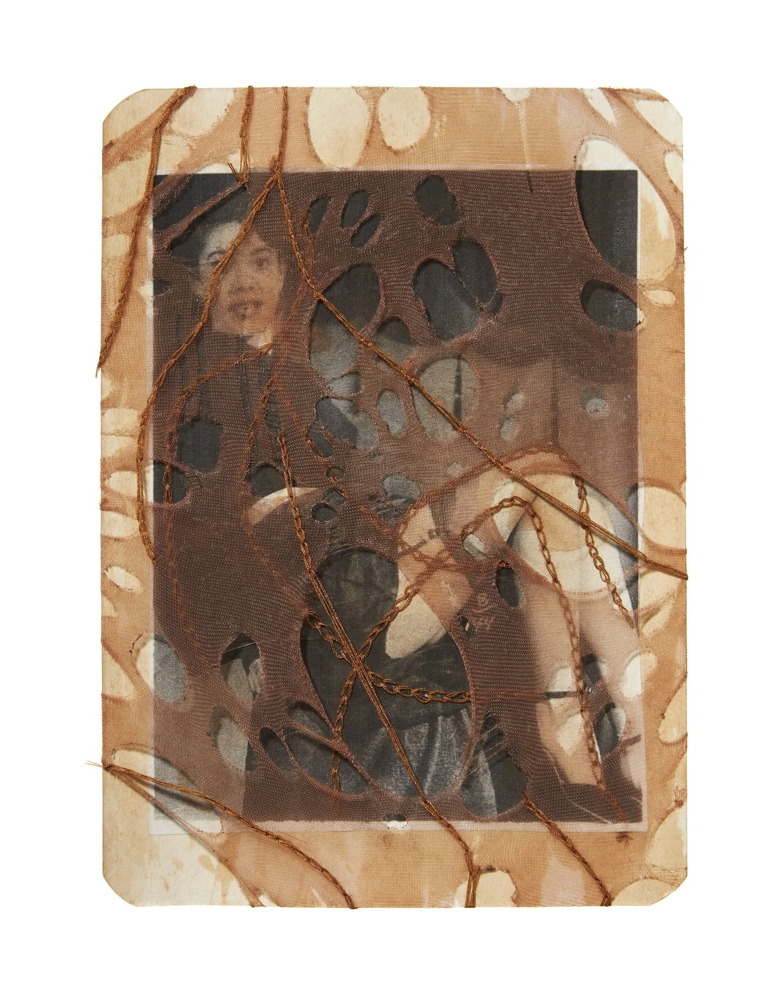Notes on Paper, Captured Sorrow VIII (framed), 2021, 30 x 35 x 3.5cm, used tights, cotton thread, vintage family photographs printed on tea stained recycled paper, tea stained recycled card on empty vintage frame