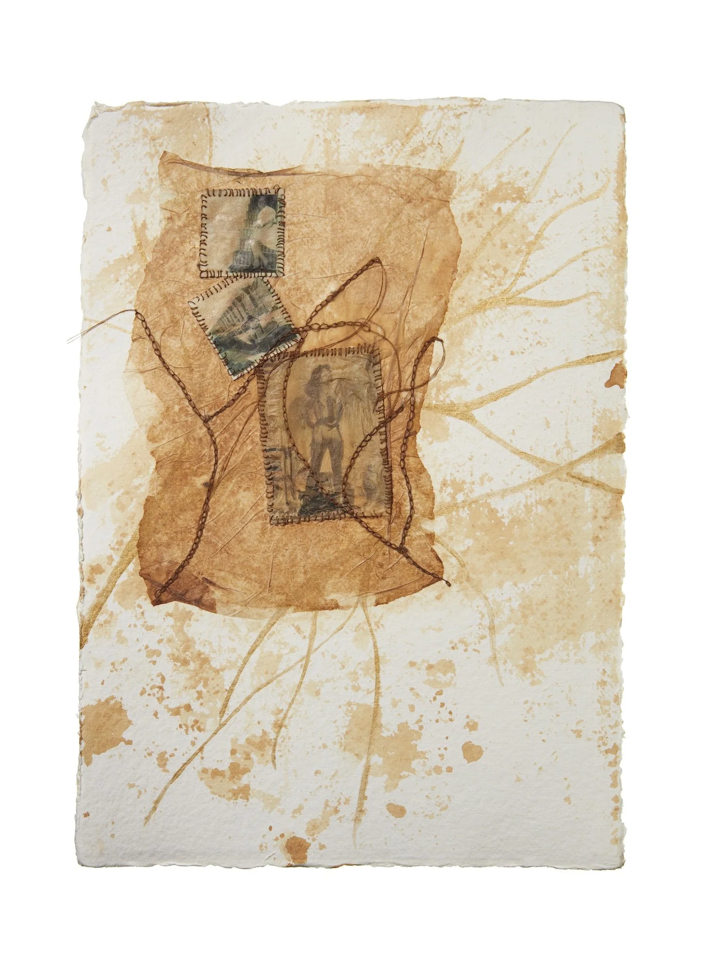 Notes on Paper, Captured Sorrow II (framed), 2021, 42 x 54 x 2cm, cotton thread, tea stained tissue paper, vintage family photographs printed on tea stained recycled paper and metallic acrylic paint on tea stained handmade recycled paper