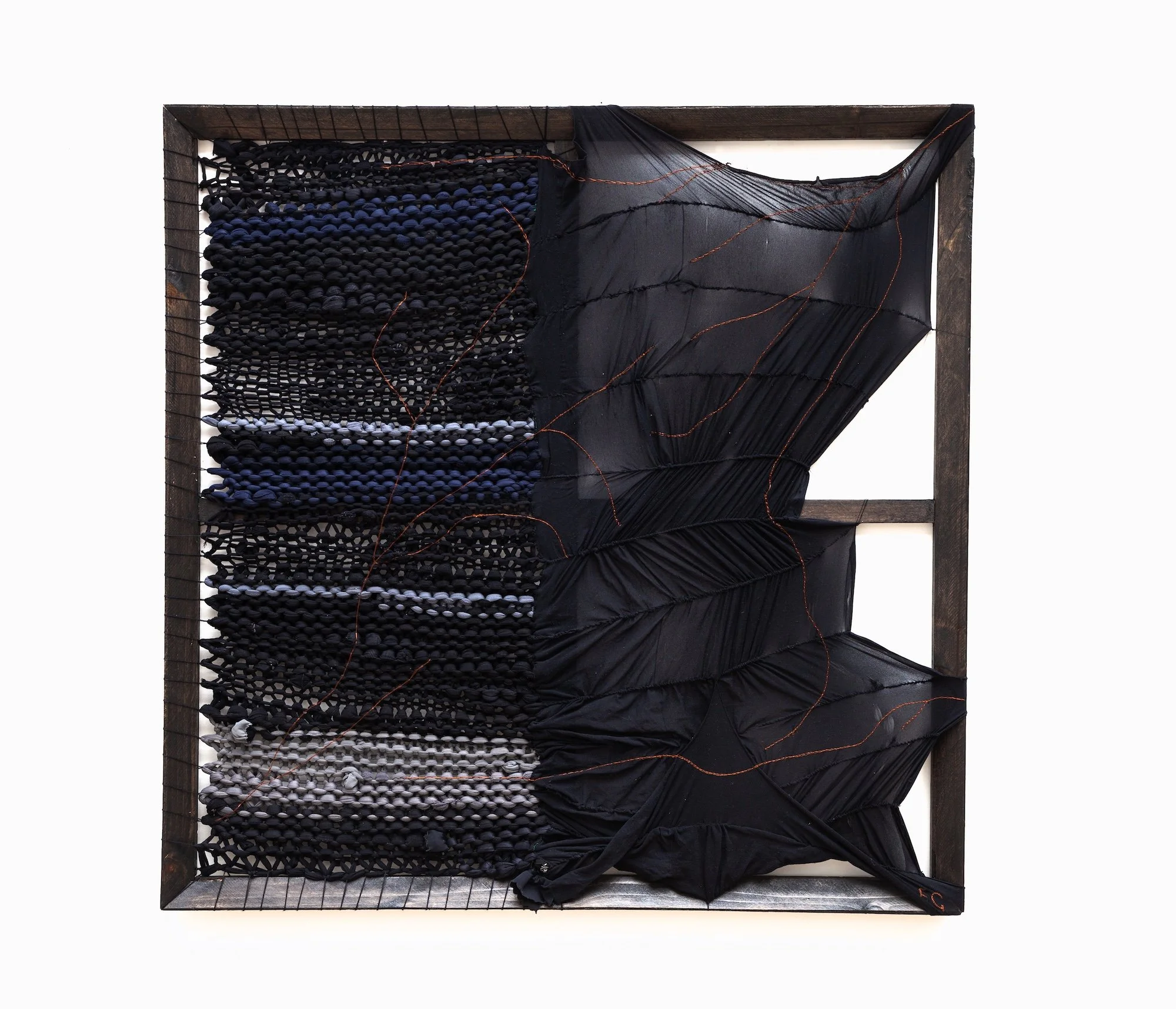 The Empire has new clothes, a history rewritten in the Black II, 2021, 100 x 100 x 3.5cm, used tights, bamboo and cotton yarn, recycled pet thread, metallic thread and eco-friendly water based acrylic paint on used empty canvas frame