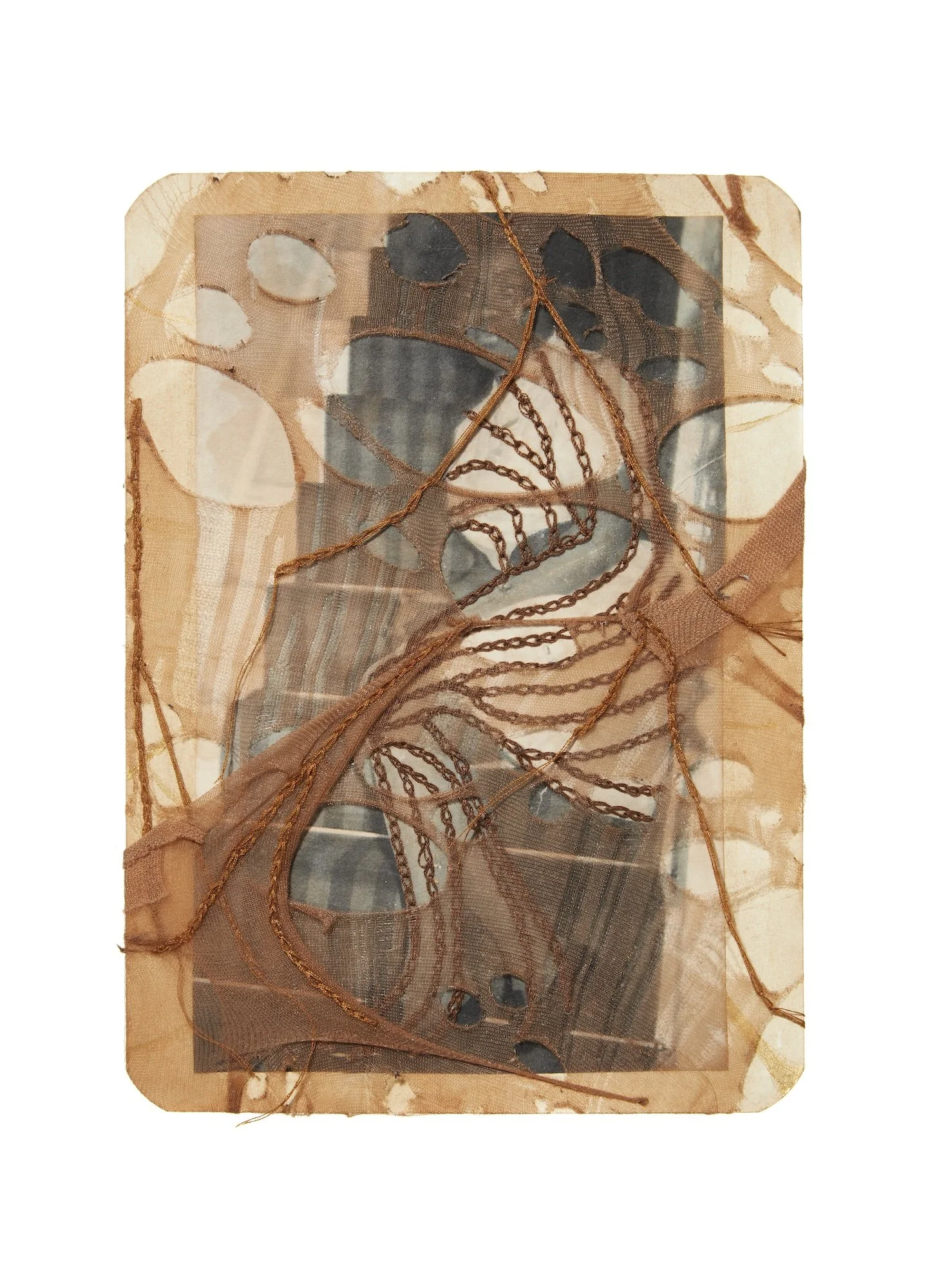 Notes on Paper, Captured Sorrow IX (framed), 2021, 30 x 35 x 3.5cm, used tights, cotton thread, vintage family photographs printed on tea stained recycled paper, tea stained recycled card on empty vintage frame