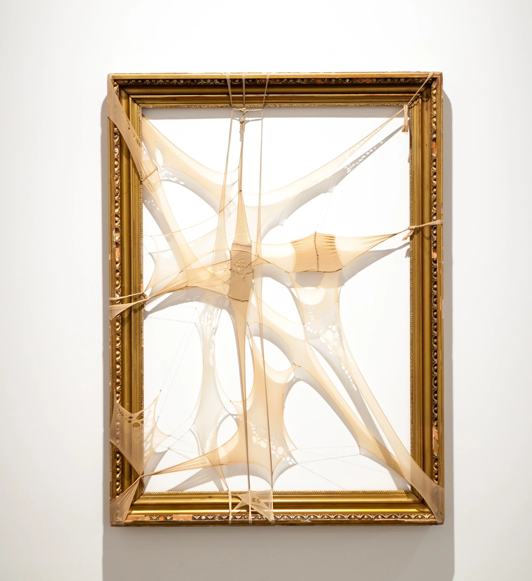 Bigger than the picture they framed us to see, 2019, 116.5 x 86 x 6.5cm, burnout used nylon tights, cotton thread and vintage wood picture frame