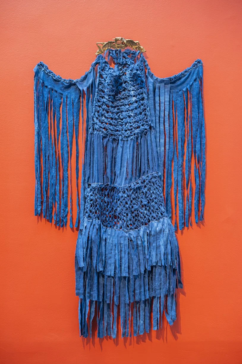 Ndox (Water) Altar II, 2023, 110 x 165cm, indigo dyed used cotton bedsheets, cotton thread and antique French Napoleonic gilt brass pediment