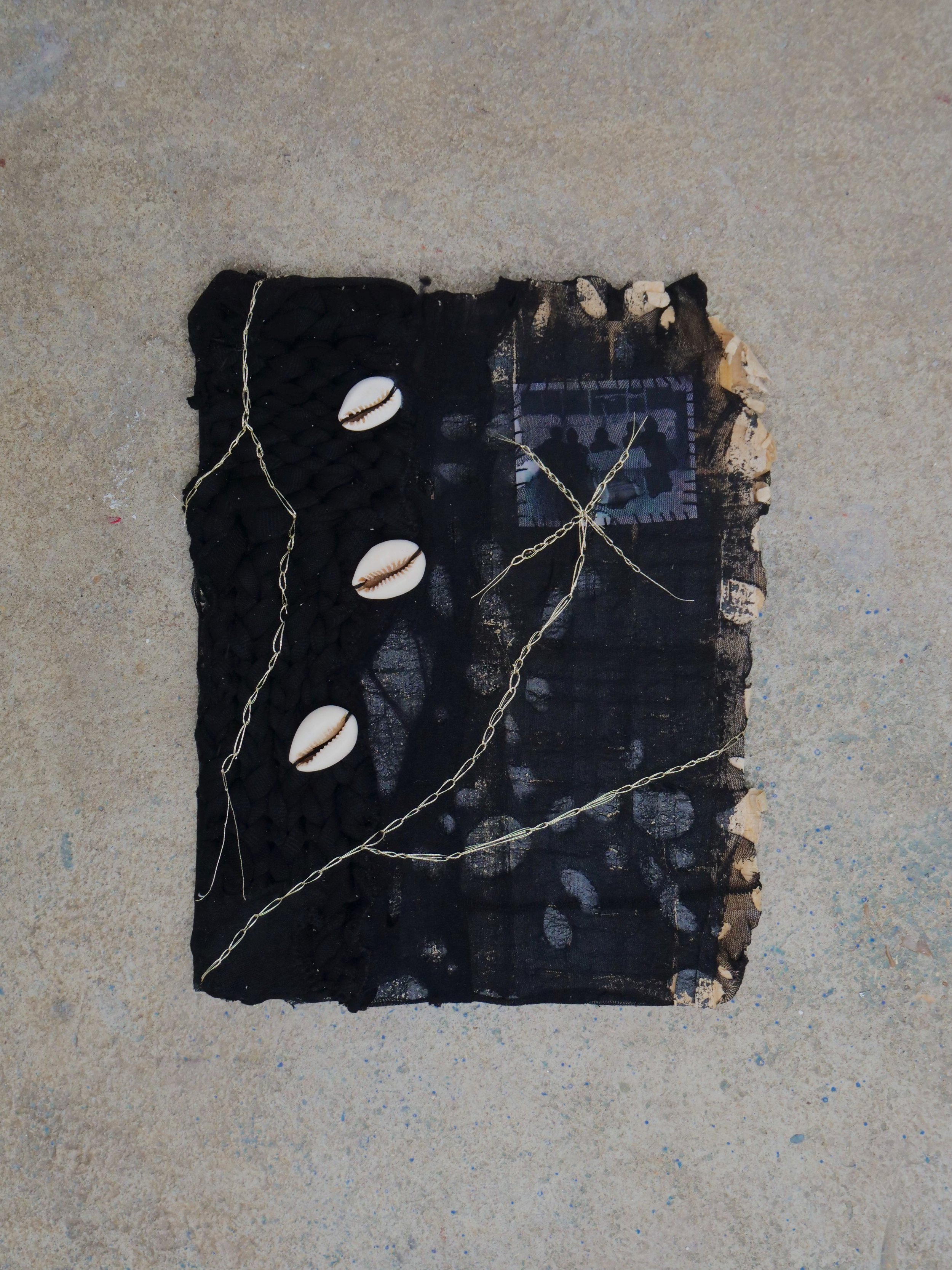 Dreaming of Dada (Grandma) - Spells & Divination II, 2024, 32 x 27 x 4 cm (framed),  eco-friendly water based acrylic paint, inkjet print on paper, nylon tights, recycled PET thread, real gold silk thread, cowrie shells and typha (Senegalese papyrus 