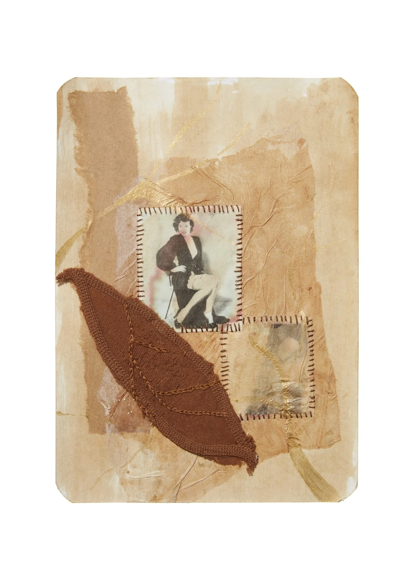 Notes on Paper, Captured Sorrow VI (framed), 2021, 34 x 28 x 2cm, used tights, cotton thread, used brown paper, tea stained tissue paper, vintage family photographs printed on tea stained recycled paper, metallic acrylic paint on tea stained recycled