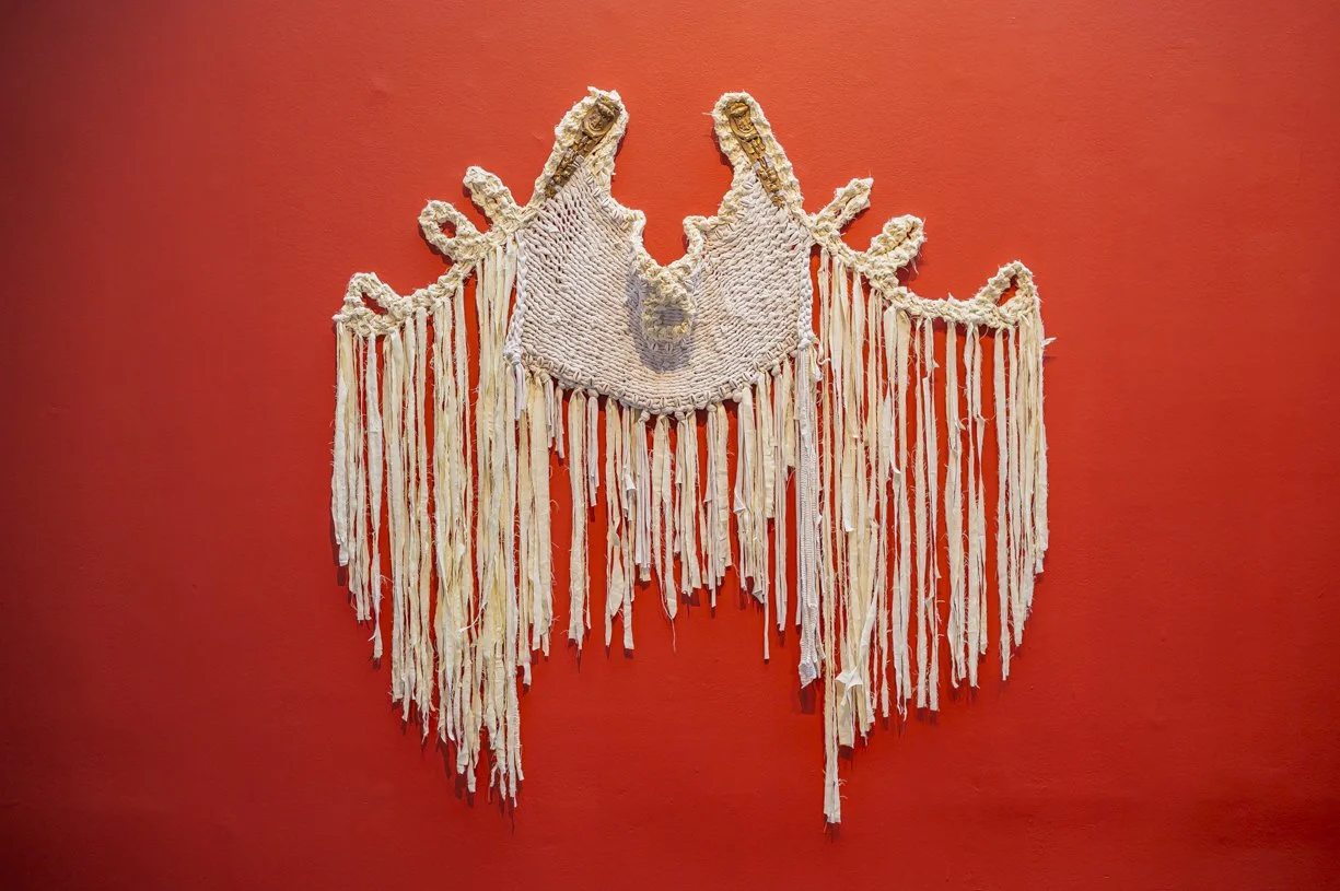 Xob (Plant) Altar II, 2023, 147 x 140cm, used brushed cotton and cotton bedsheets, cowrie shells, cotton and cotton/acrylic thread and antique French Ormolu gilt bronze pediments