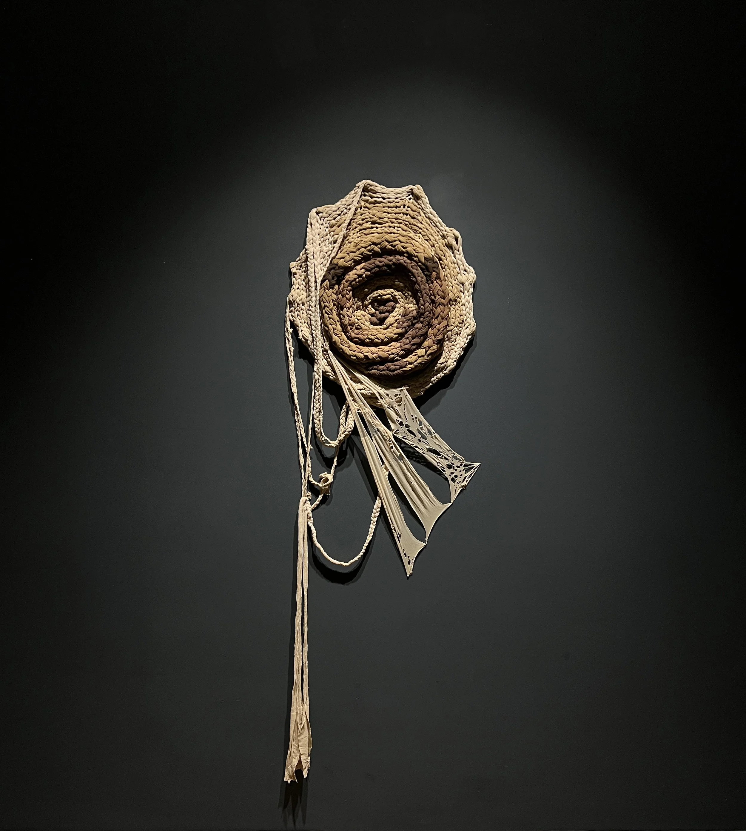 Cyclical Vein - Concentric Growth 1, 2022, 140 × 64 × 10cm, recycled tights & cotton thread