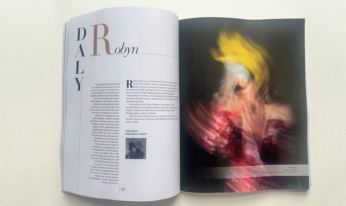 Open spread from Women United Art Magazine Issue XIV featuring Irish-South African artist Robyn Daly, with an artist biography and full-page reproduction of Inside Is A Woman.