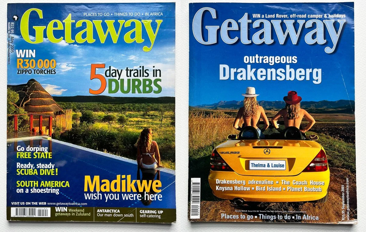 Two Getaway magazine covers photographed by Robyn Daly during her career as a photojournalist, showing Daly appearing as both photographer and model in travel photographs made in South Africa.