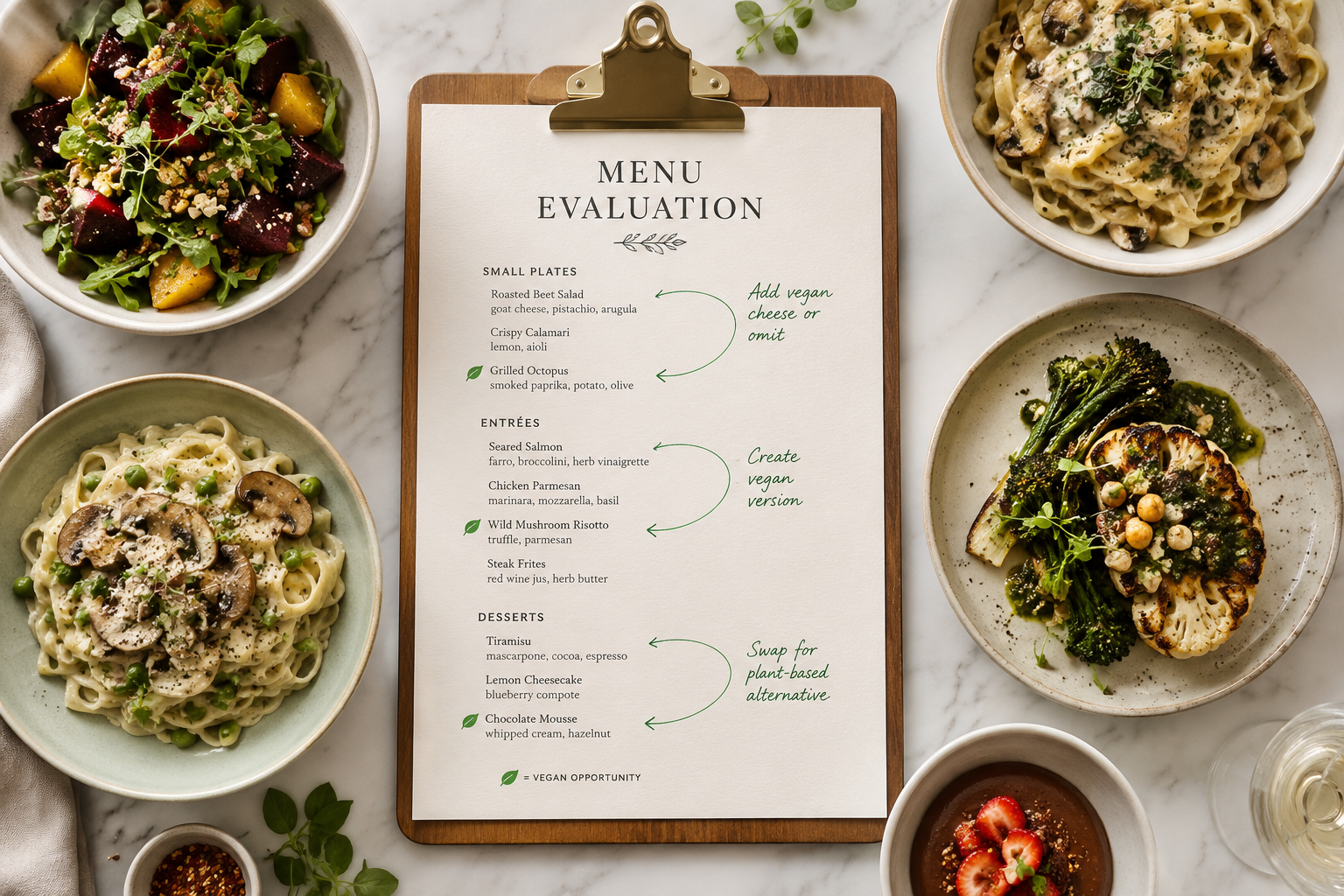 A menu on a clipboard surrounded by various vegan dishes including salad, pasta, roasted cauliflower, mushroom risotto, and strawberry dessert.