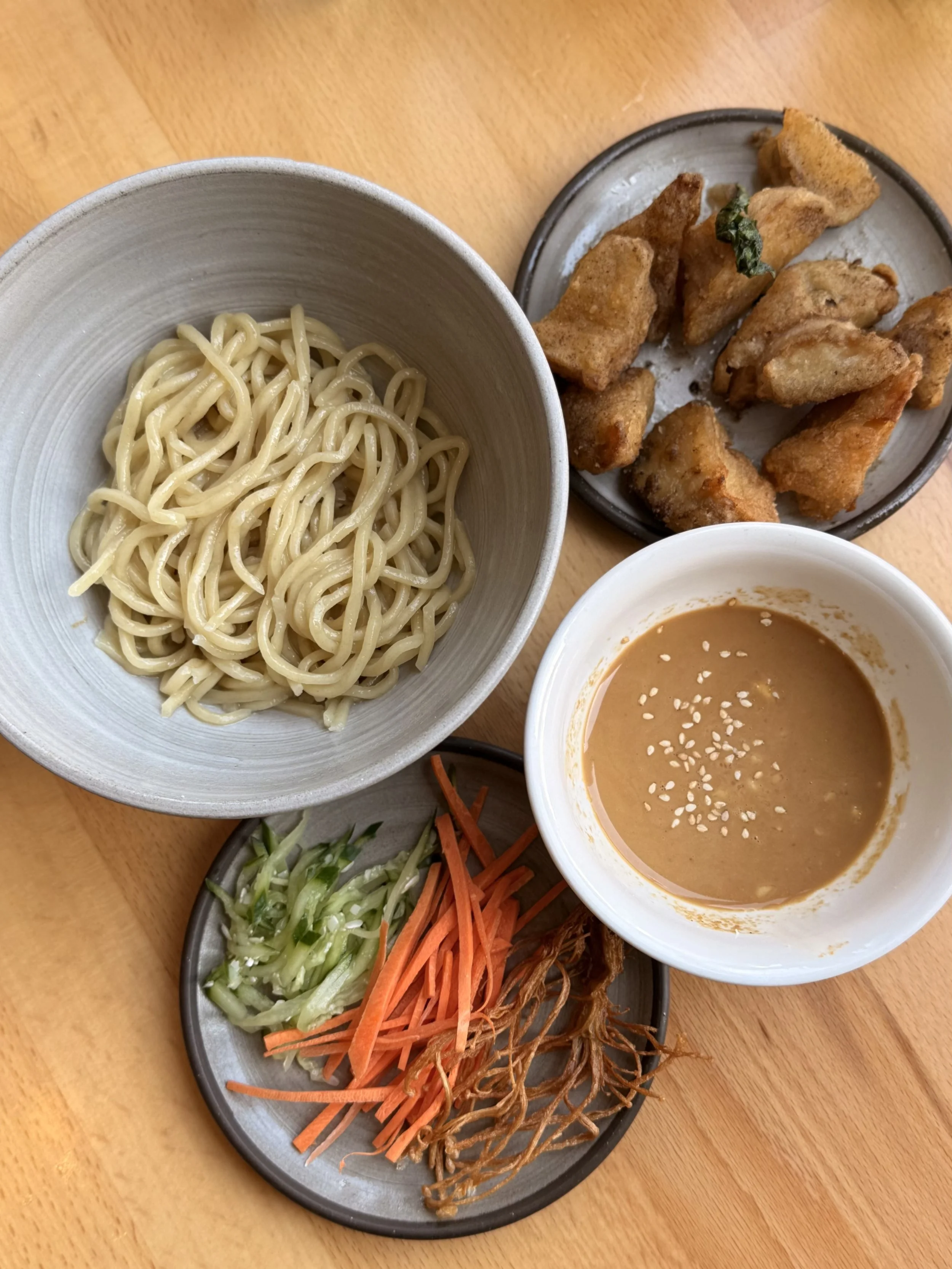 Taiwanese sesame dipping noodles and 5-spice King trumpet mushroms