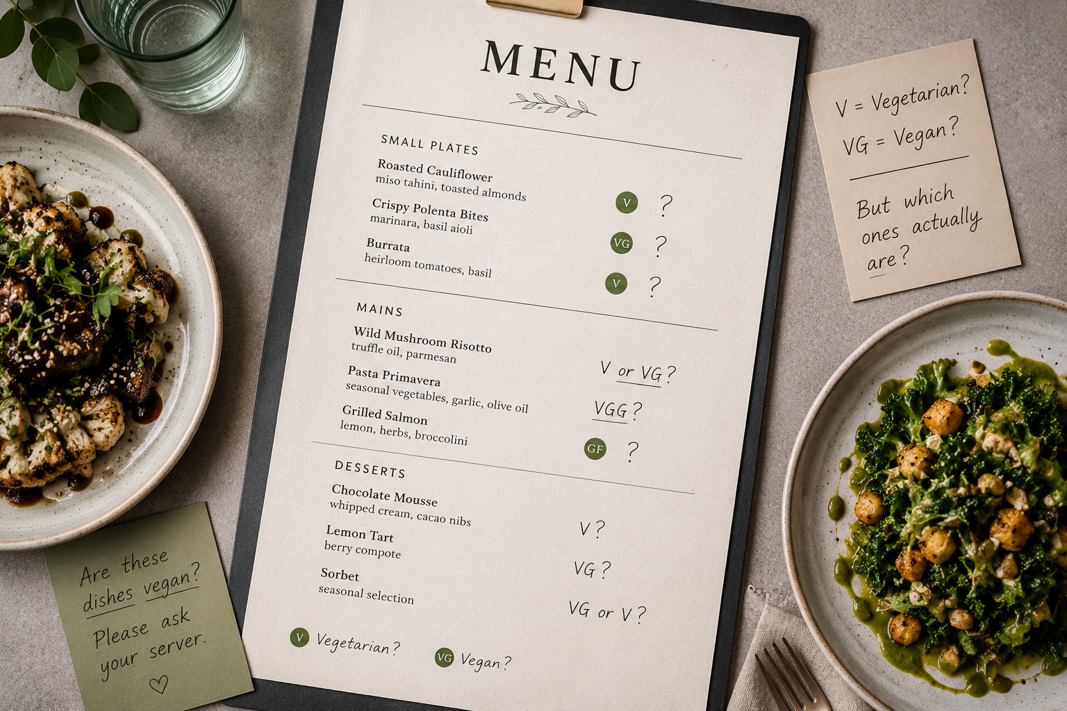 A restaurant menu with vegetarian and vegan options, placed on a table with two dishes of food and notes asking about vegan dishes. One dish appears to have roasted cauliflower, and the other has a salad with chickpeas and greens.