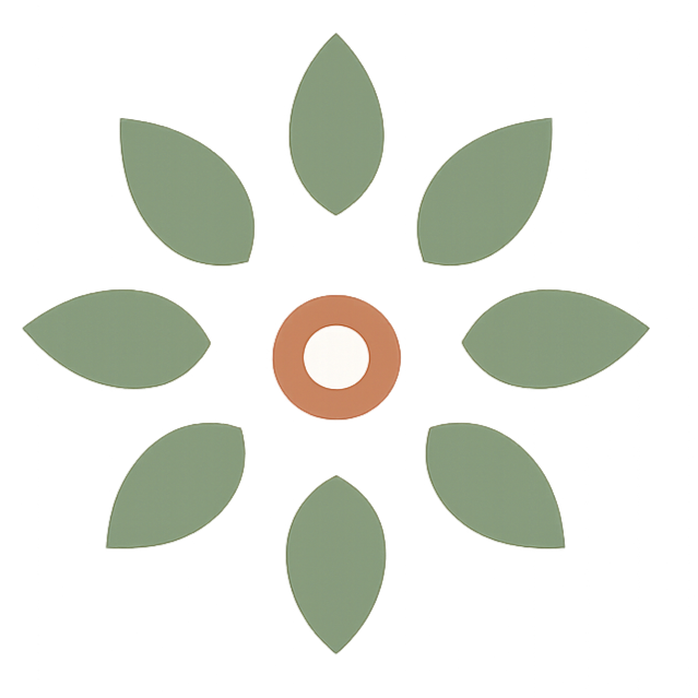 Top view of a flower with green leaves arranged around a central brown and white seed or fruit.