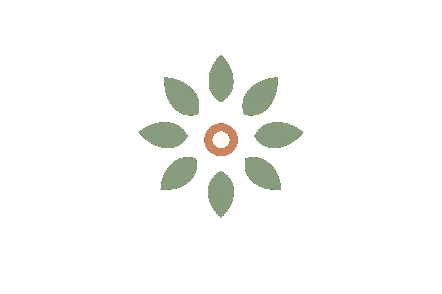 A simple graphic of eight green leaves arranged in a circle around a smaller brown circle with a white center on a black background.