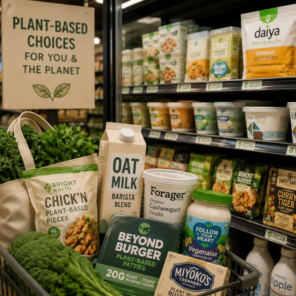 Cart filled with plant-based products in a grocery store, including chick'n pieces, oat milk, Greek yogurt alternative, plant-based patties, with a shelf of vegan options behind.