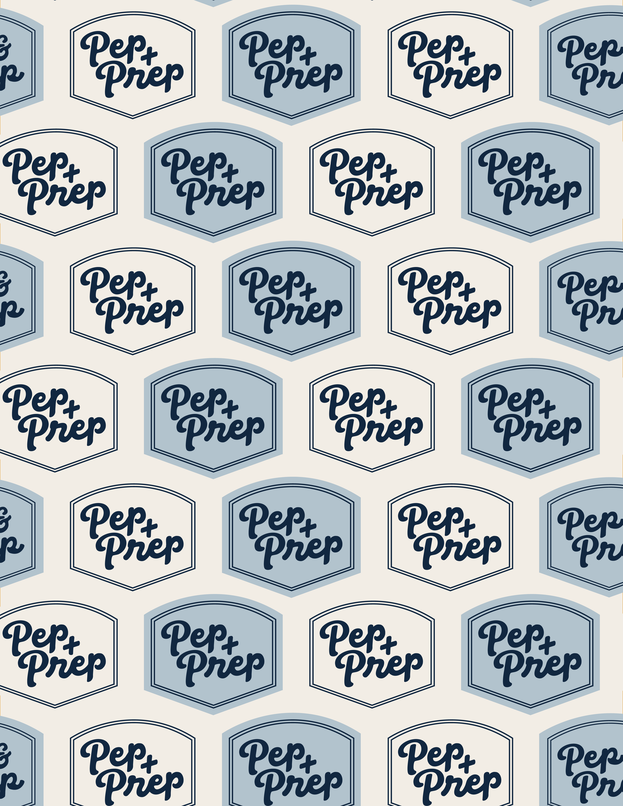 A repeating pattern of hexagon-shaped logos with the text 'Pep + Prep' inside, alternating between dark navy and light blue outlines on a light beige background.