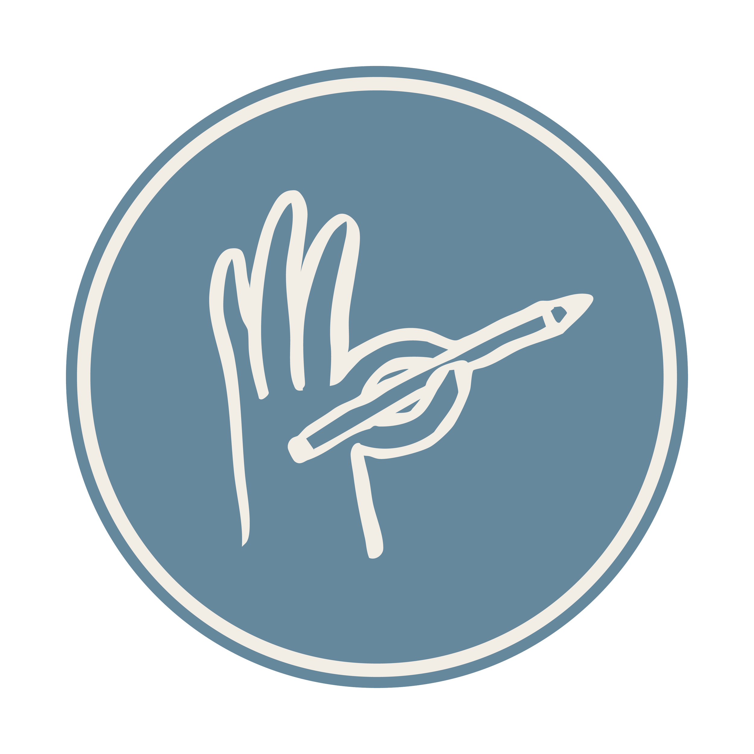 Close-up of a circular logo with a hand holding a pencil.