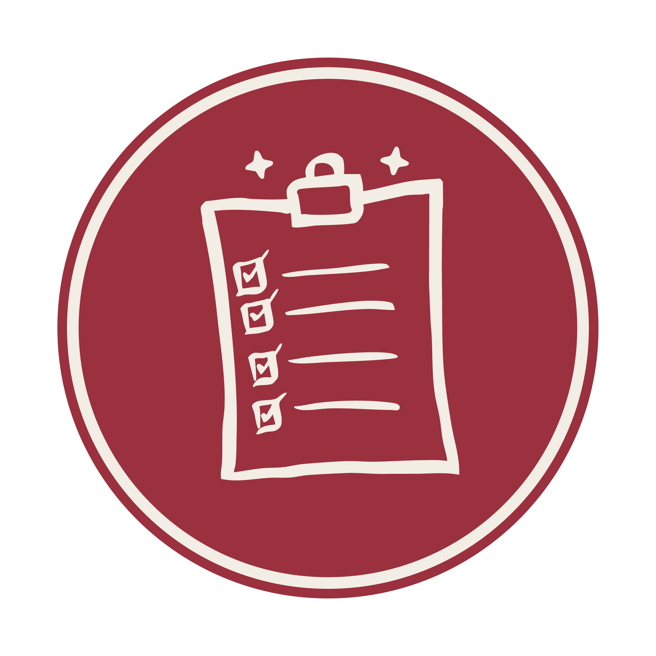 Close-up of a circular badge with a maroon background, white border, and a white checklist icon in the center.