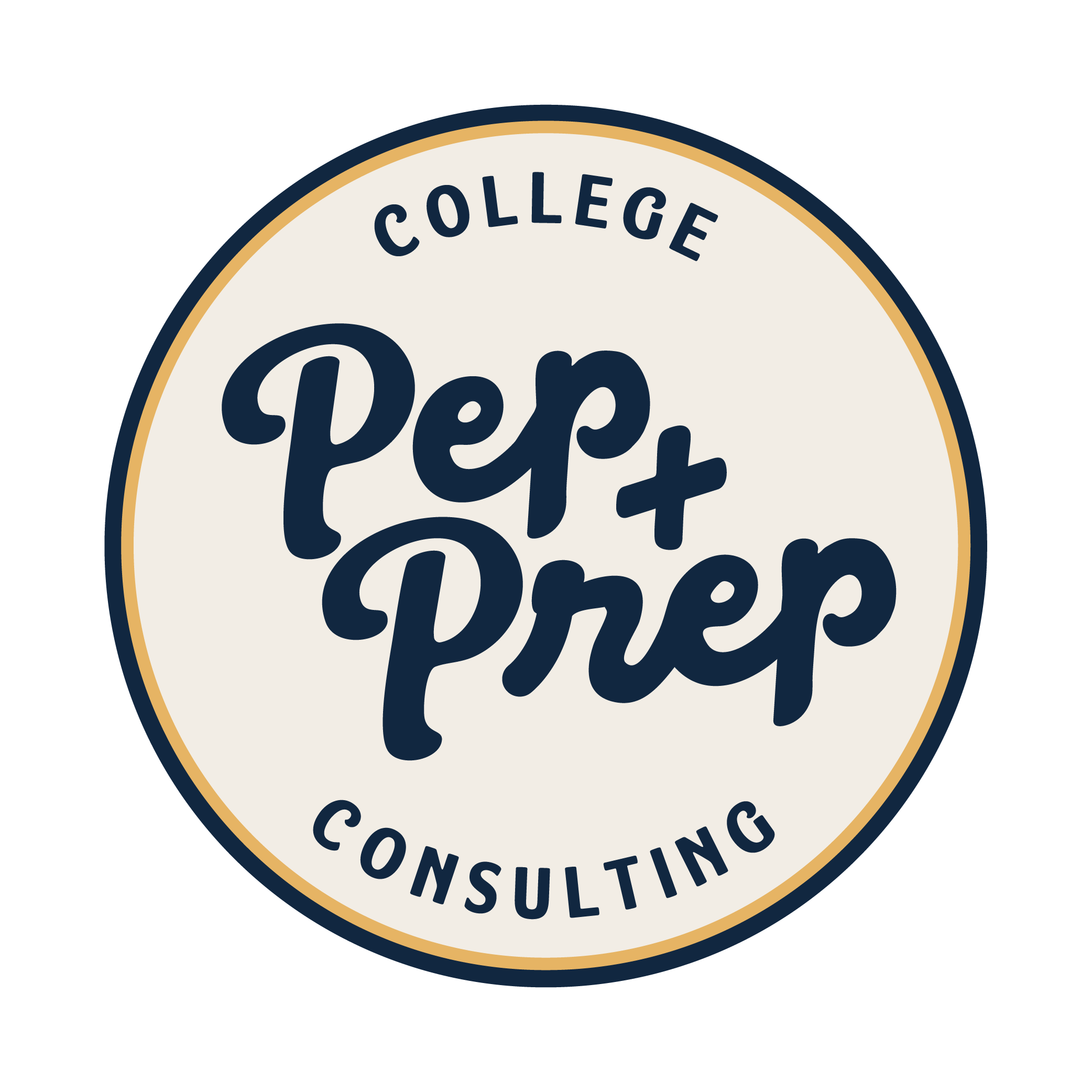 Close-up of a 'Pep + Prep' circular badge or sticker with the words 'College Consulting' engraved around the edge, featuring a black background and beige, navy, and orange accents.