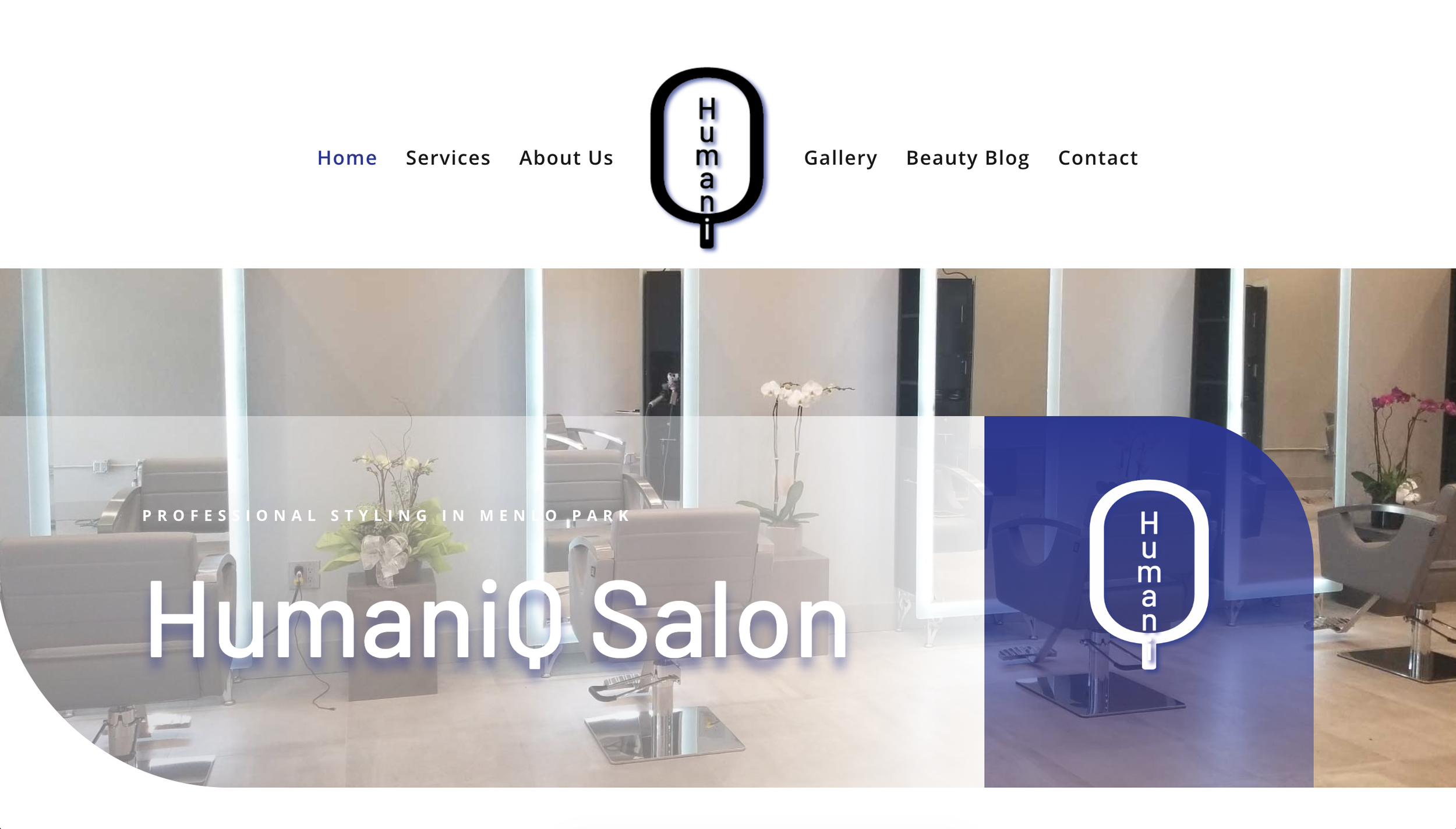 Interior photo of Human Salon, showing hair styling chairs, tables with flowers, and a reception area.