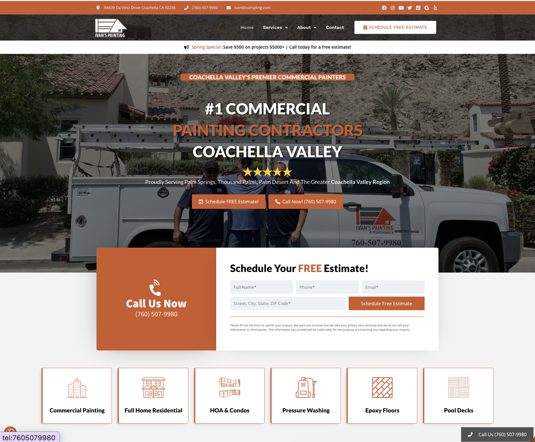 A website homepage for Ivan's Painting and Maintenance, a commercial painting contractor based in Coachella Valley. The page features a truck with the company's name and contact number, three workers standing next to it, and a background of buildings and desert landscape. The website offers services including commercial painting, residential painting, HOA & condos, pressure washing, epoxy floors, and pool decks.