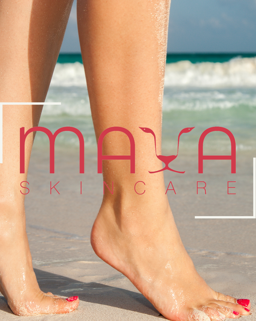 Close-up of a woman's legs and feet on a sandy beach with ocean waves in the background, promoting Maui Skin Care.
