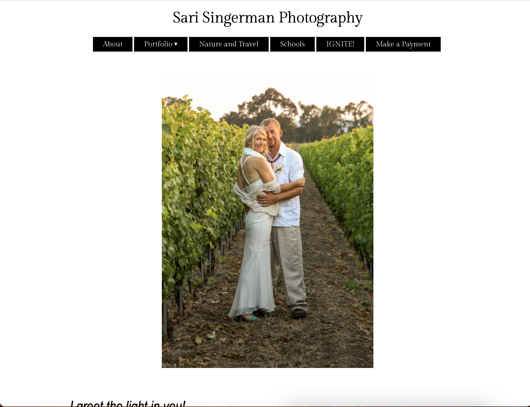A couple dressed in wedding attire standing in a vineyard during sunset.