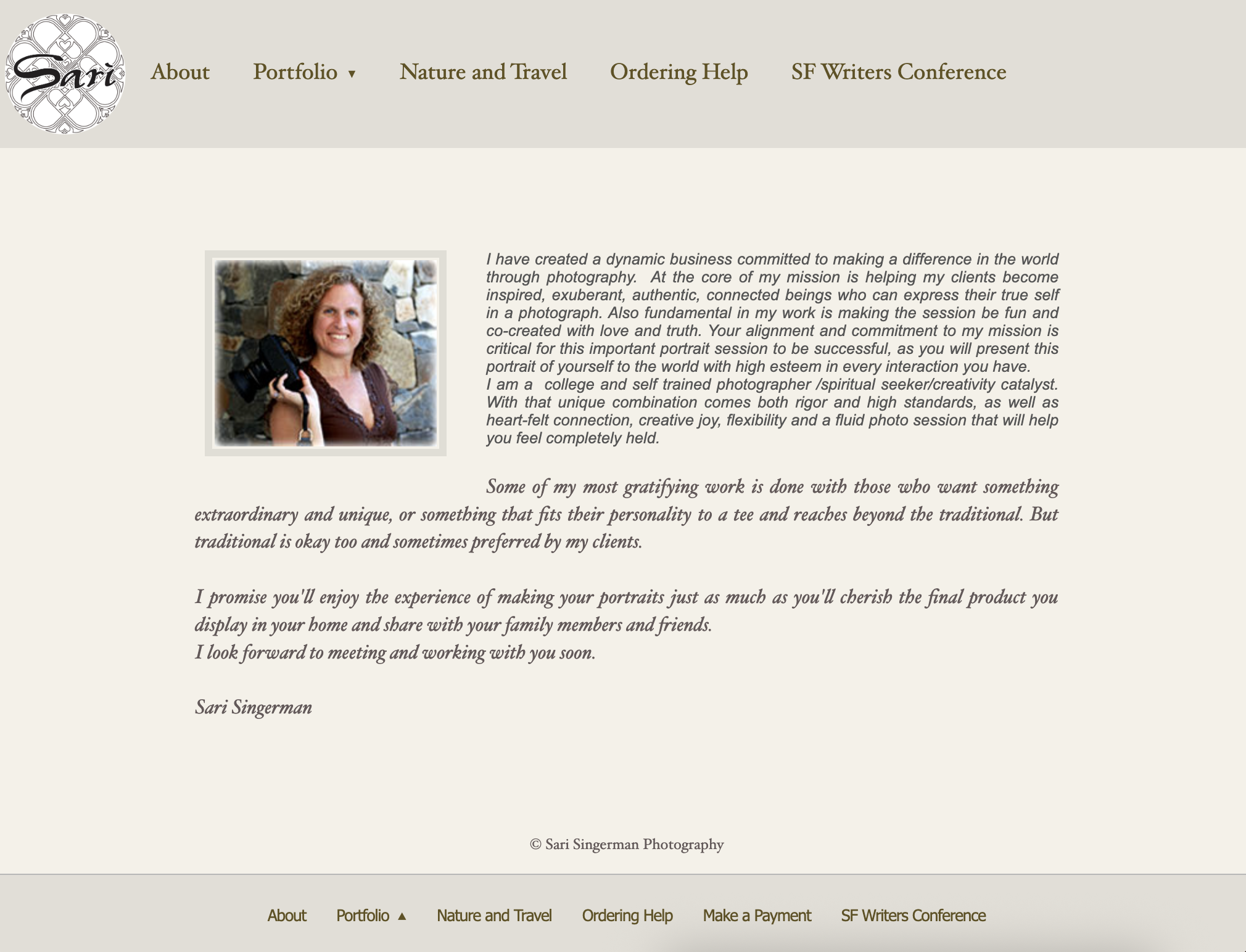 Screenshot of a personal website homepage featuring a portrait of a woman holding a camera and a paragraph describing her photography work and philosophy.