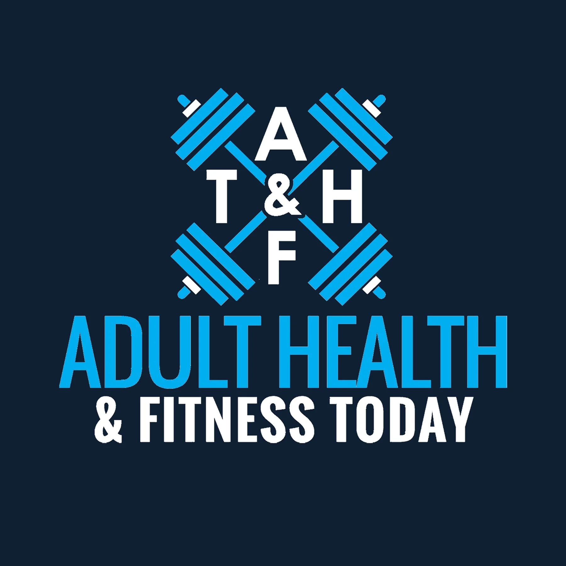 Logo with dumbbells and text promoting adult health, fitness, and exercising today.