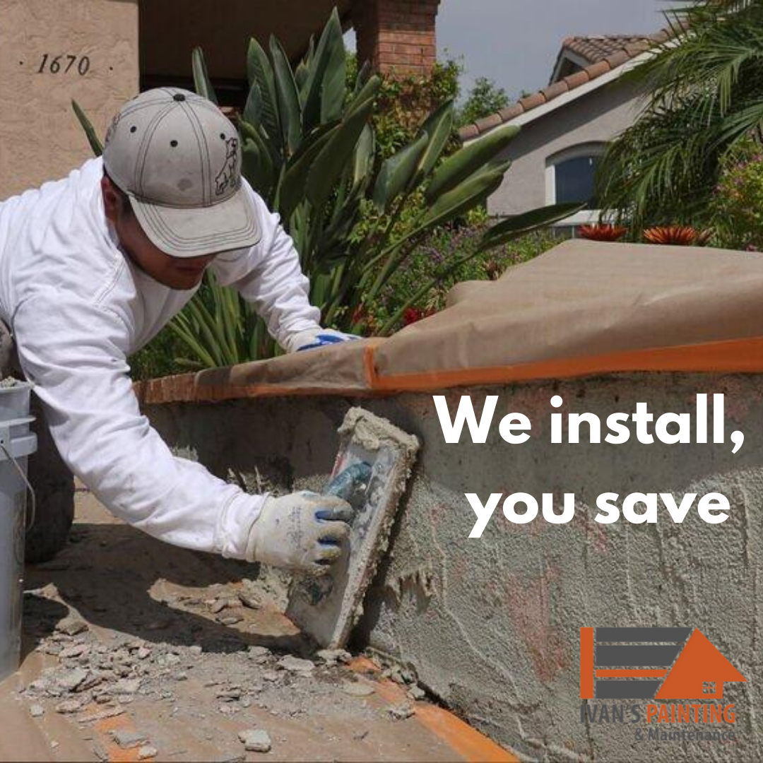 A worker installing or repairing a textured exterior wall with a trowel, surrounded by plants and residential buildings, with the overlay text 'We install, you save.'