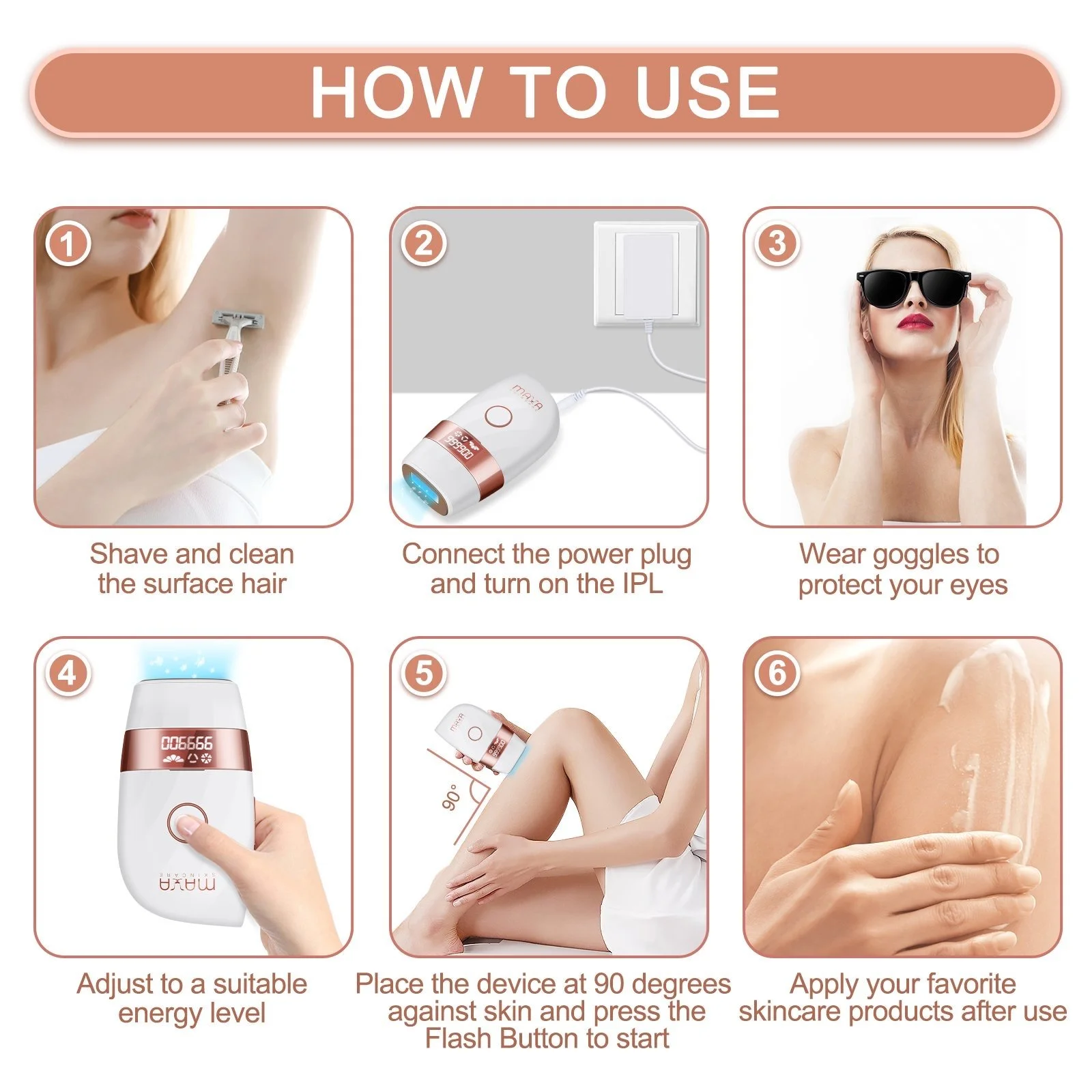 A step-by-step guide on how to use a skincare device, showing images of shaving and cleaning the skin, connecting the device to a power source, wearing goggles, adjusting energy levels, placing the device on the skin, and applying skincare products.