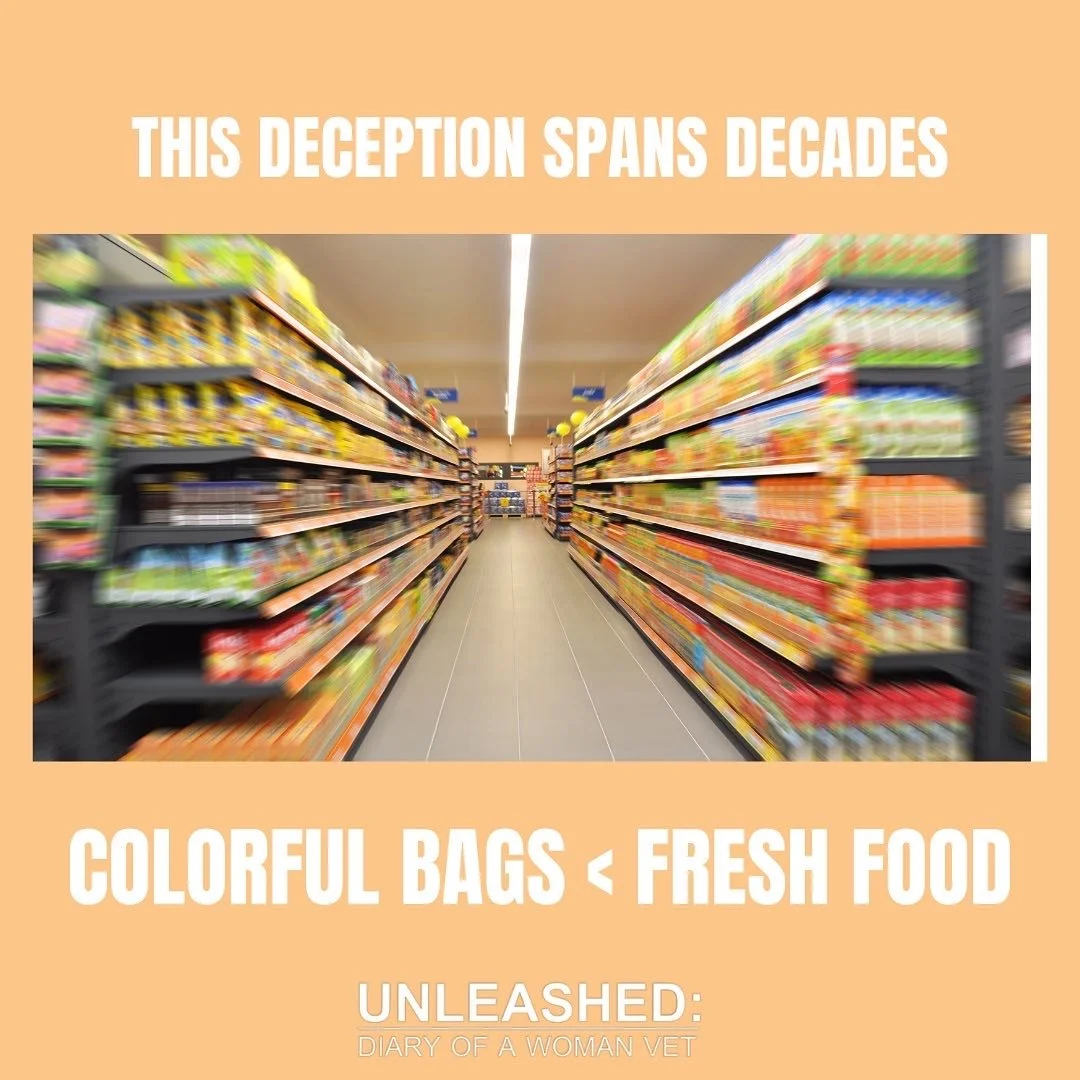 Blurred aisle of grocery store with shelves of colorful food packages and bottles, overlaid with text about deception, colorful bags, and fresh food.