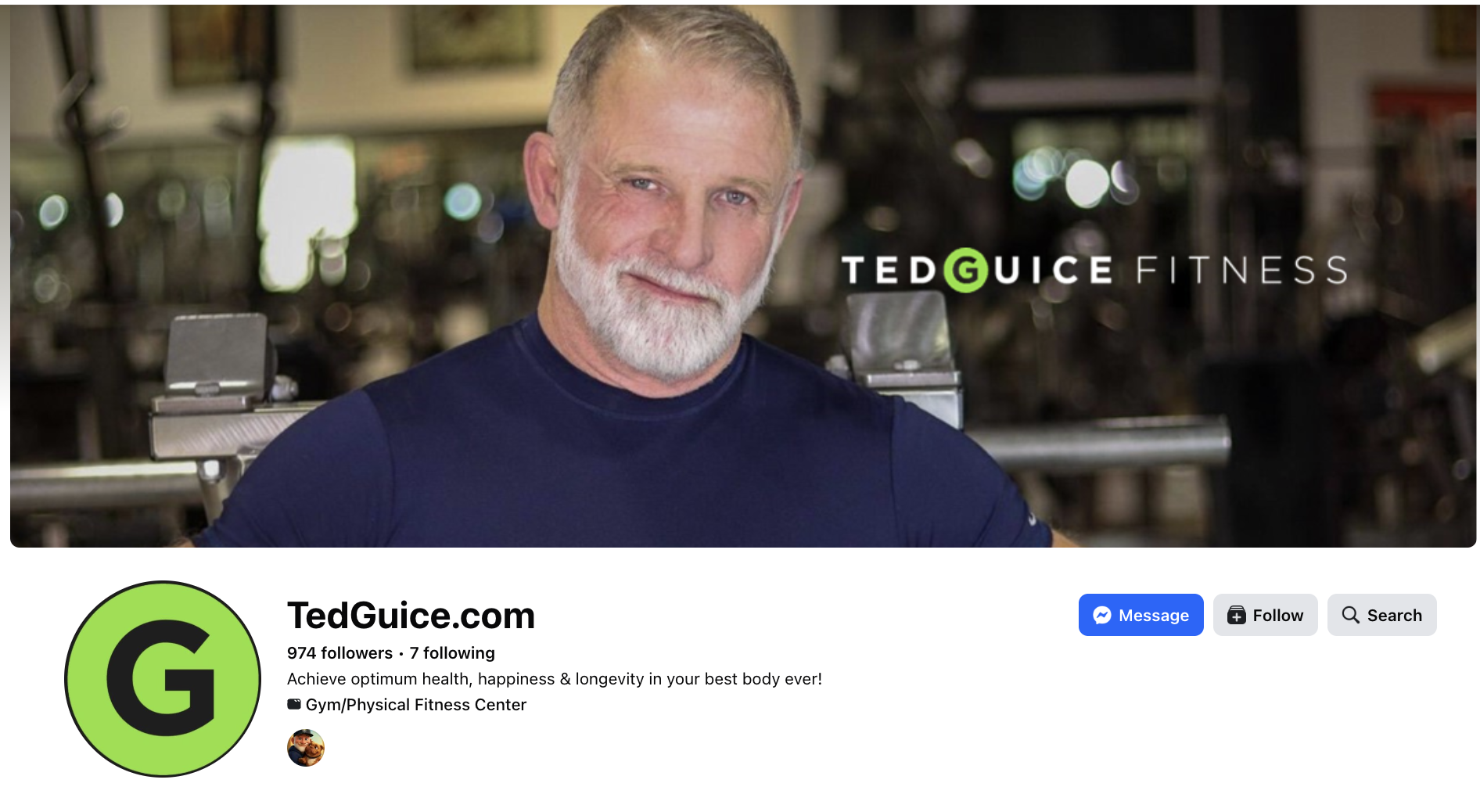 A smiling older man with a beard and short gray hair at a gym, standing in front of workout equipment, promoting Ted Guice Fitness with the text "TED GUISE FITNESS".