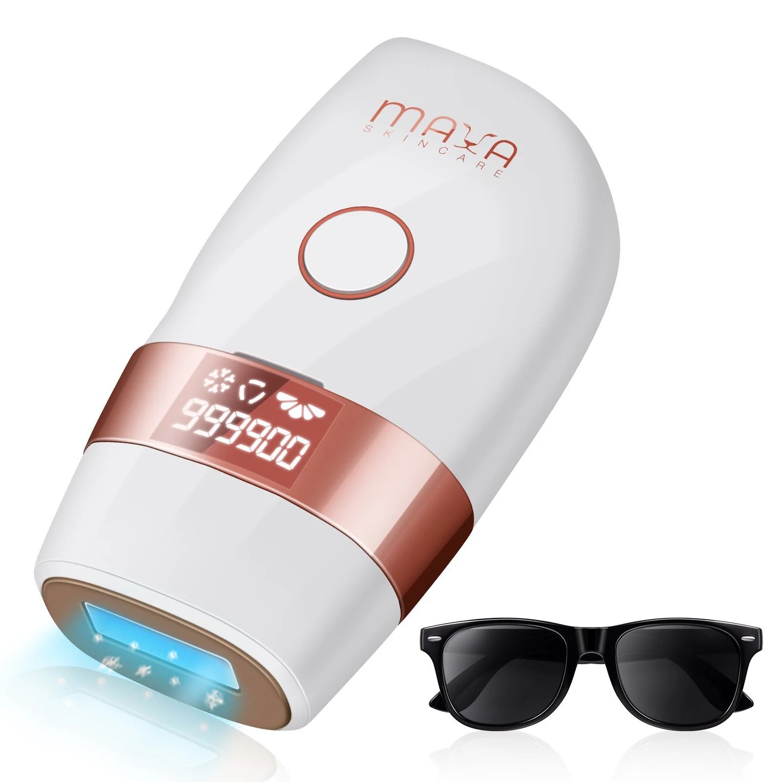 A handheld device with blue light emitting from the bottom, a digital display showing a number, and a rose gold ring around its middle. There are black sunglasses next to it.