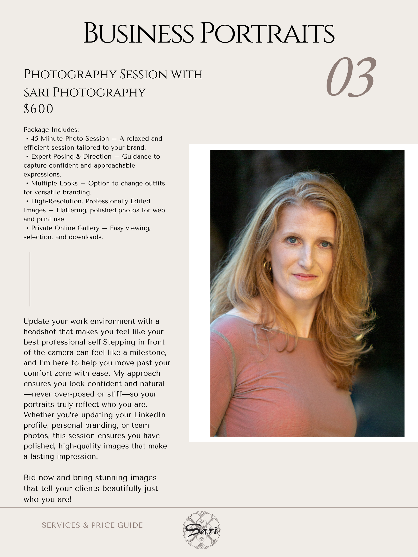 A promotional flyer for a business portrait photography session with Sari Photography. The flyer features a woman with long, wavy, red hair and blue eyes, wearing a mauve top, posed outdoors with a blurred natural background.
