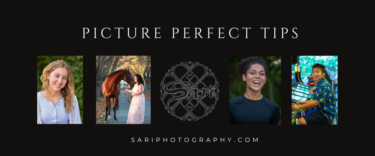 Collage with four portraits of people, a central decorative logo, and the text "Picture Perfect Tips" and "sariphotography.com."