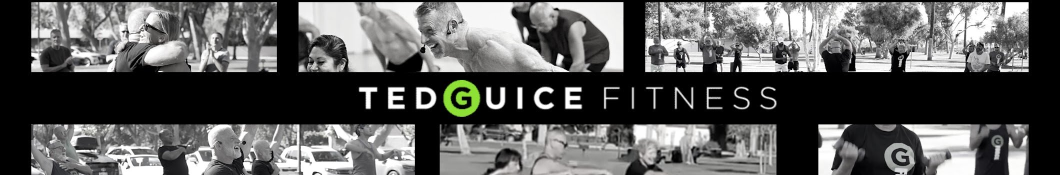 Black and white collage of people exercising outdoors, with the logo and text 'Ted Guisce Fitness' in the center in green and white.