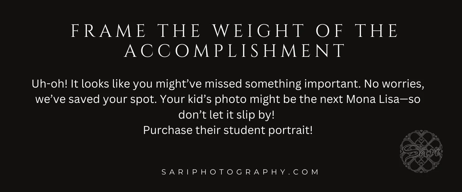 Black background with white text promoting student portrait photography by Sariphotography.com, encouraging framing accomplishments with a humorous message.