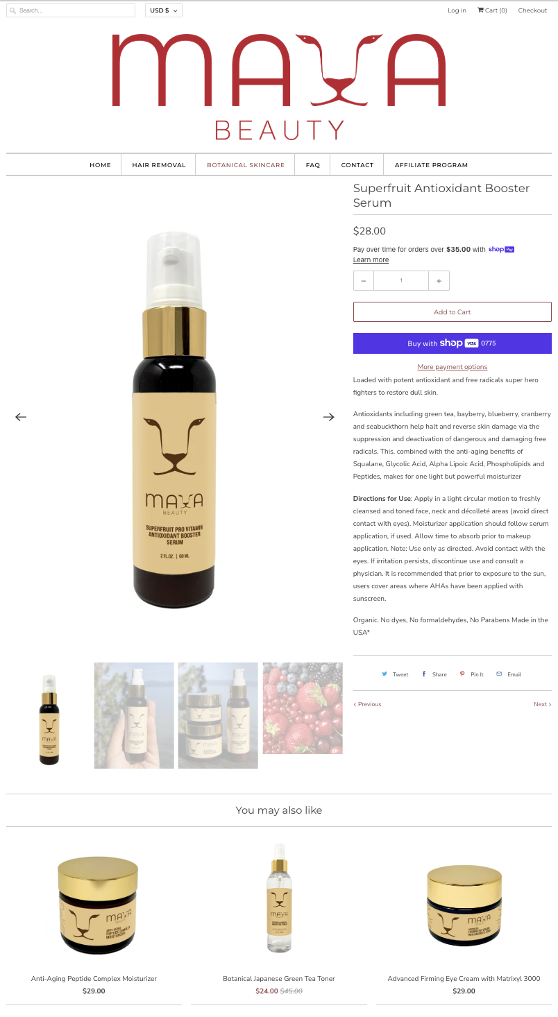 Product page showing a black and beige bottle of Superfruit Antioxidant Booster Serum from Maya Beauty, with a white pump top and gold collar, priced at $28.