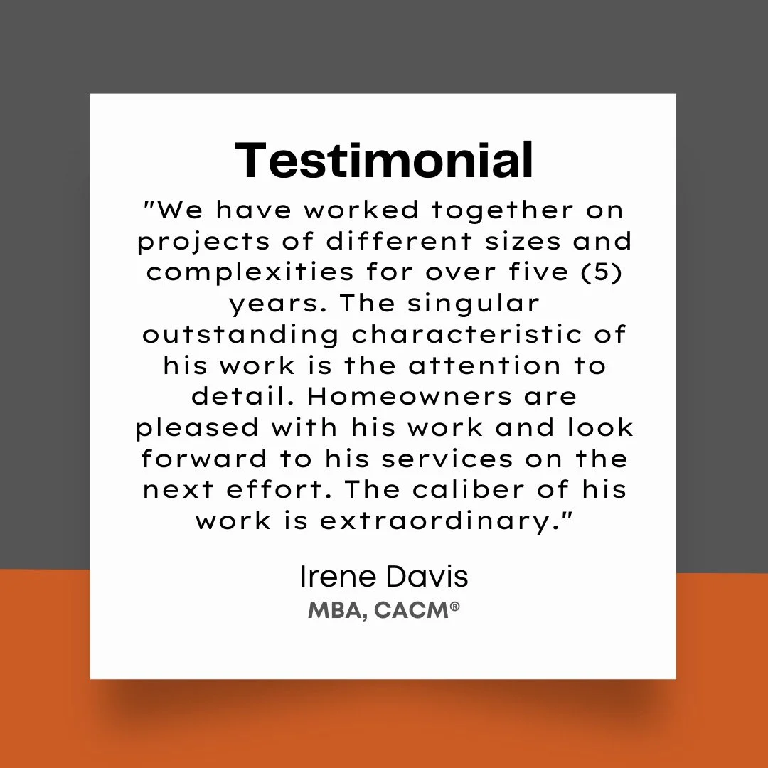A testimonial quote on a gray and orange background, praising a worker for attention to detail and high-quality work, signed by Irene Davis, MBA, CACM.