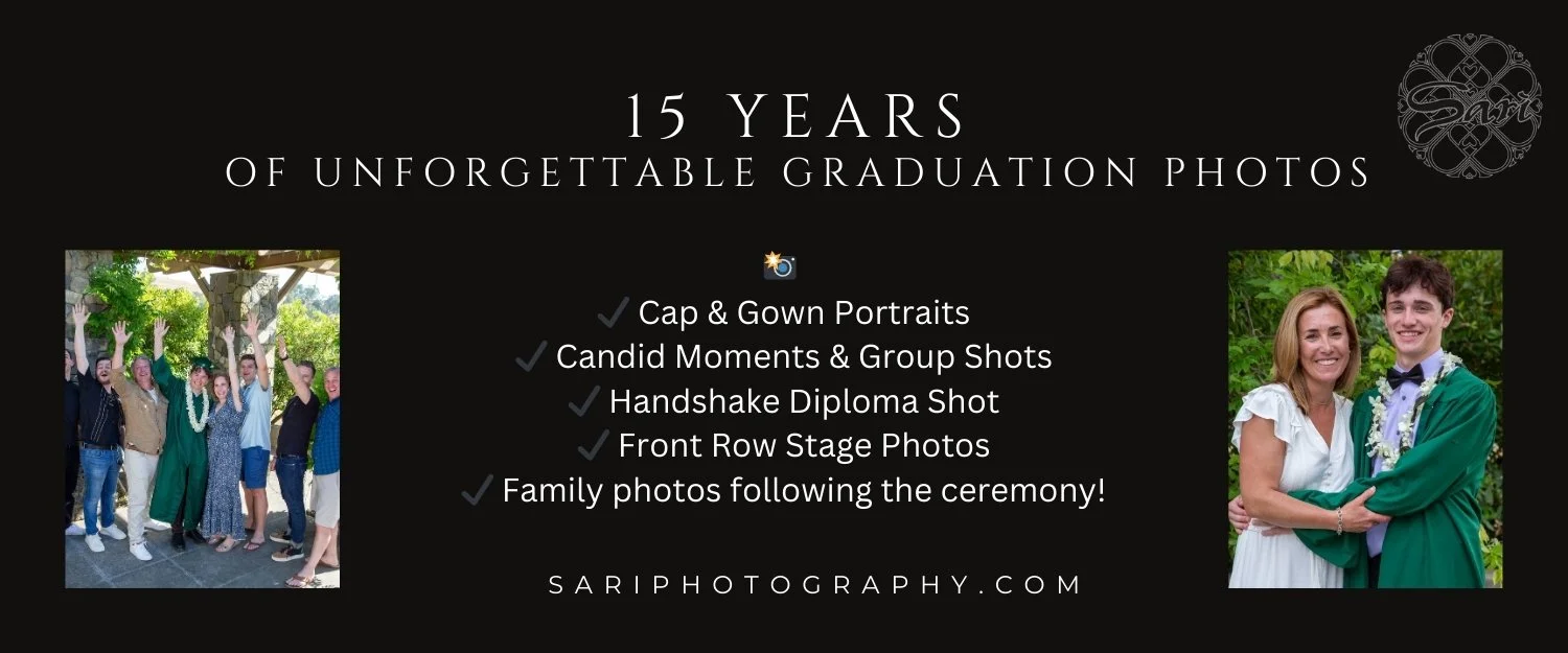 A promotional graphic celebrating 15 years of graduation photos, featuring a list of photography services and two photos of graduates, one group and one individual with a family, set against a black background.