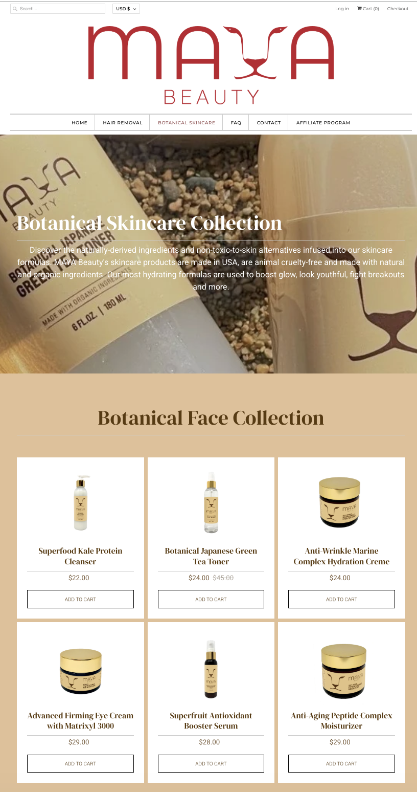 Screenshot of MAYA Beauty website featuring botanical skincare products, including cleansers, toners, creams, and serums, with product images and prices.