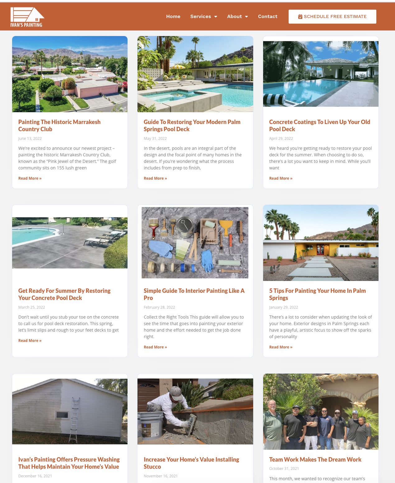Screenshot of a home improvement website featuring articles about pool decks, interior painting, and house maintenance with images of pools, painting tools, and people working on homes.
