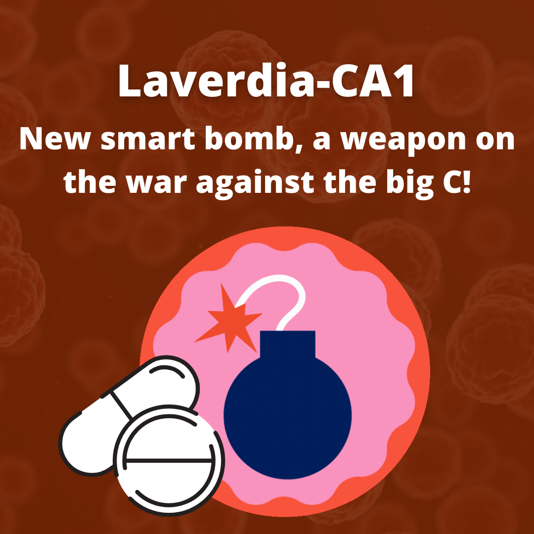 Illustration of a new smart bomb called Layerdia-CA1, depicted as a round object with a pin and a spark, with capsules nearby, set against a background of red blood cells.