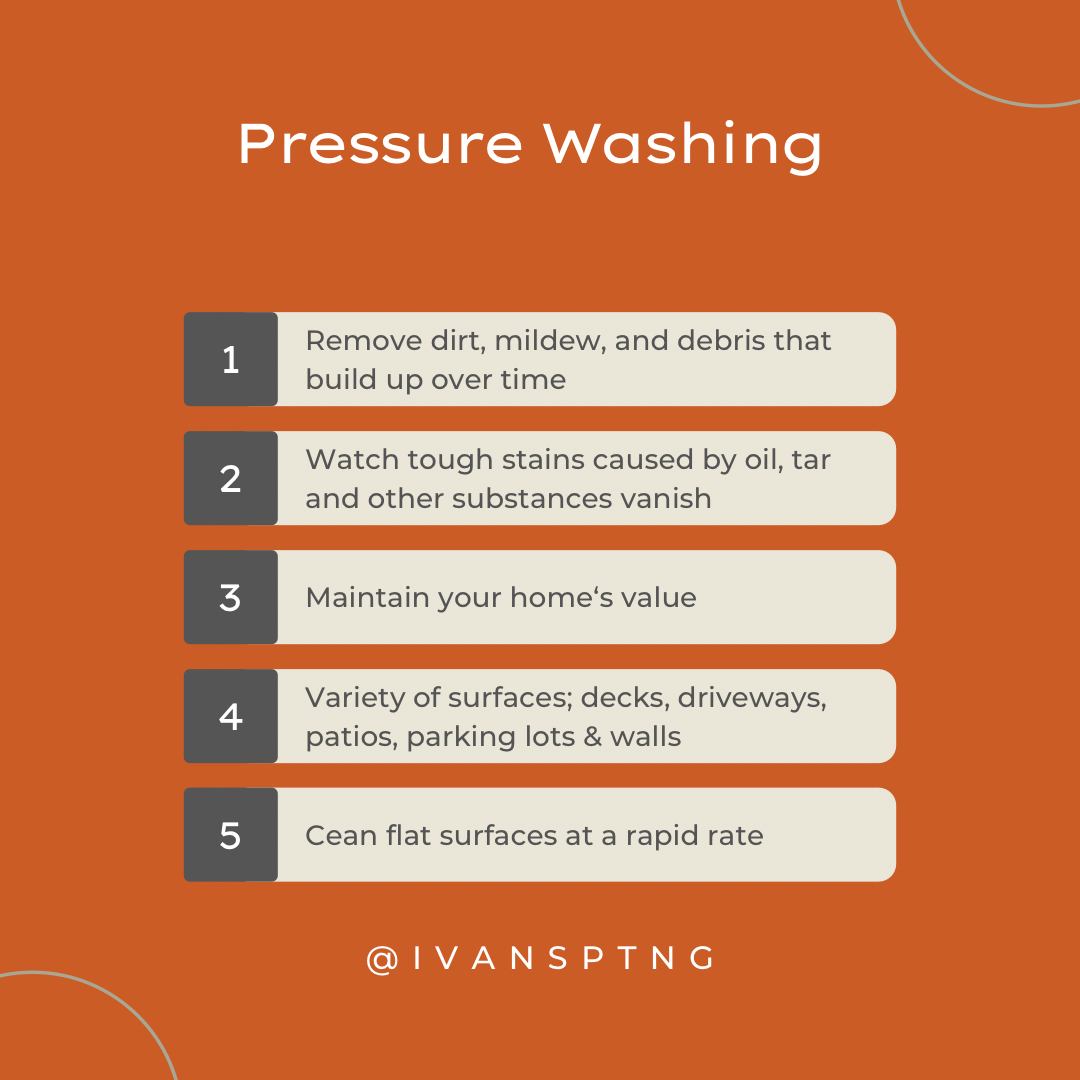 Infographic titled 'Pressure Washing' with five tips for pressure washing maintenance: 1. Remove dirt, mildew, and debris that build up over time. 2. Watch tough stains caused by oil, tar, and other substances vanish. 3. Maintain your home's value. 4
