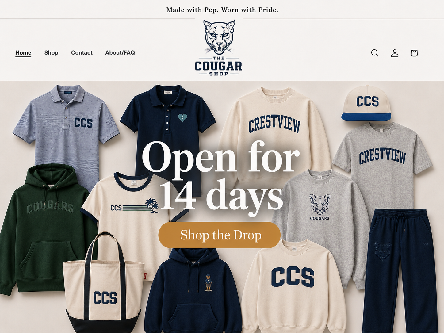 An online clothing store homepage featuring various apparel with a Cougar theme, prominently displaying a message that says 'Open for 14 days' and a button labeled 'Shop the Drop'.